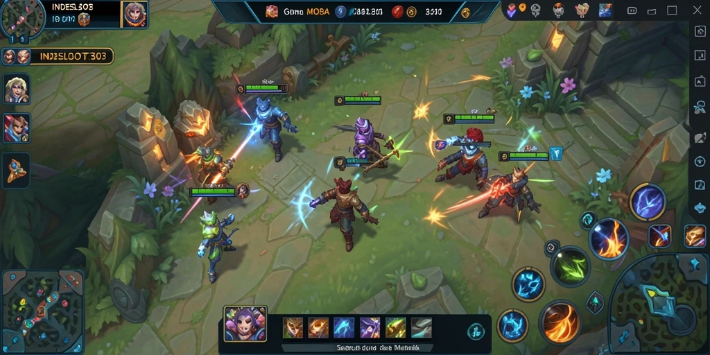 Screenshot gameplay INDESLOT303 menunjukkan pertarungan tim yang seru di arena MOBA.
